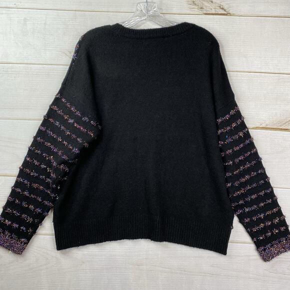 Tribekka 44 Sweater Womens Large Pullover Black Fuzzy Multicolor Artsy Stretch - Picture 8 of 9